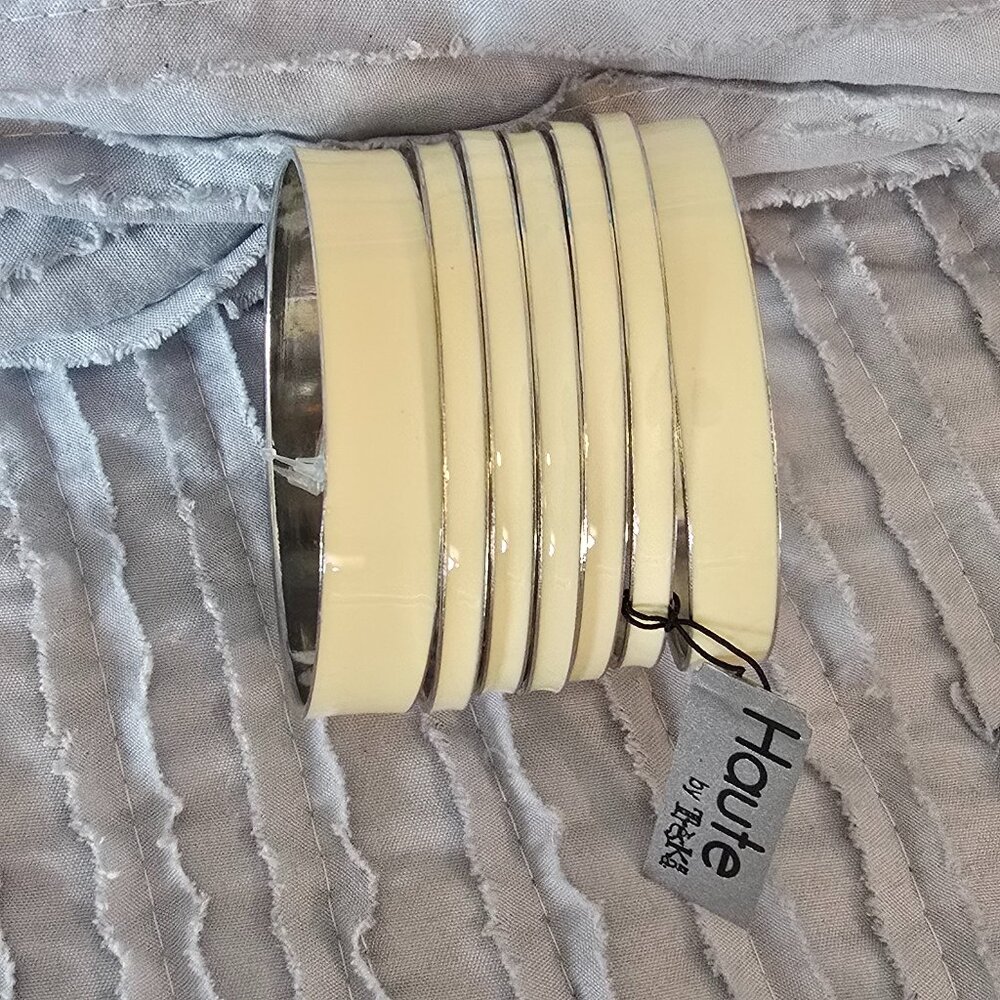 NWT Haute by Treska Cream Enamel Silver-Tone Stackable Bangle Bracelets Set of 7